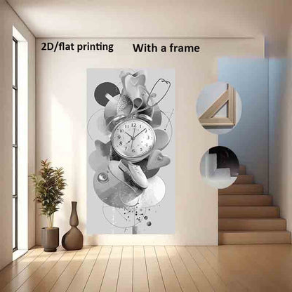 1pc Large Modern Minimalist Canvas Poster - Black & White Floral Wall Art with Clock, Ready-to-Hang Framed Painting for Living Room, Bedroom, Office - Time Heals All Wounds Decor - Extra Long Wall Decoration (23.62x47.24in/60