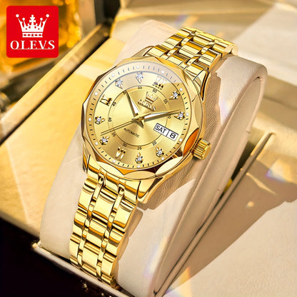 OLEVS Women'S Stainless Steel Automatic Mechanical Watch with Luminous Hands & Chronograph - Golden-Tone Elegant Round Watch, High Quality (Not), Luxury Analog Wristwatch for Women, No Battery/Easy Maintenance, Durable Everyd