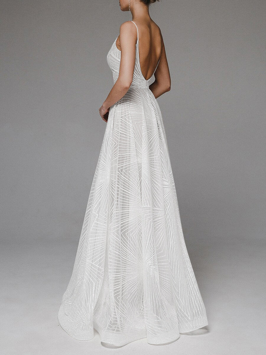 Geometric Beaded Spaghetti Strap V-Neck Flared Wedding Dress, Lightweight Tulle Fitted Gown, Simple and Elegant Style