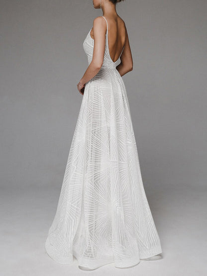 Geometric Beaded Spaghetti Strap V-Neck Flared Wedding Dress, Lightweight Tulle Fitted Gown, Simple and Elegant Style