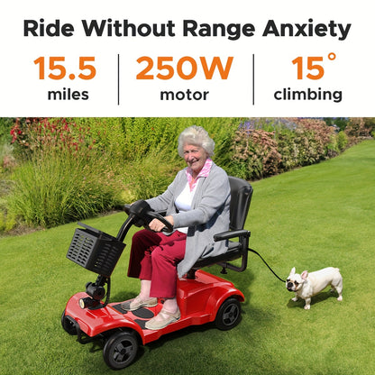 ENGWE Folding 4-Wheel Mobility Scooter, 250W Motor, 24V 12Ah Battery, 15.5-Mile Range, 8" Solid Tires, 265 lbs Capacity, Detachable Basket, Front Light, Compact & Portable for Travel, Shopping, Perfect Gift for Mom's Special