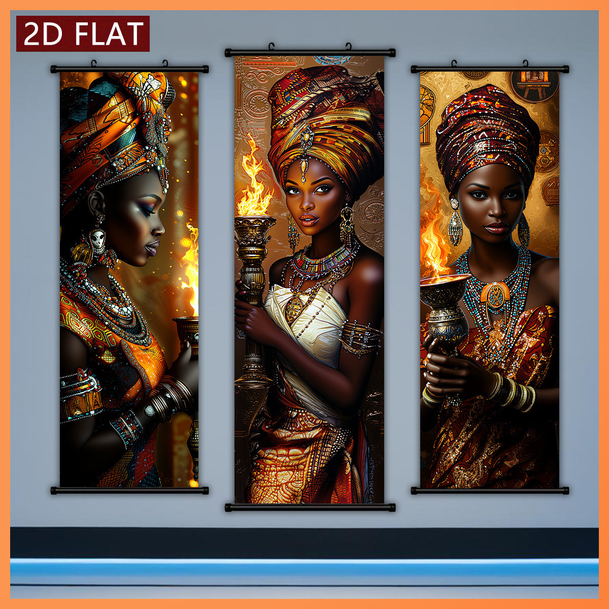 2D Flat, 2D/FLAT-3 African Flame Theme Women's Scroll, High-Quality Art Hanging Painting, Fade-Resistant & Odorless Modern Decor for Living Room, Bedroom, and Kitchen