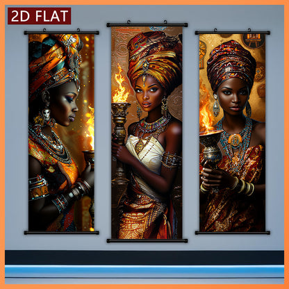 2D Flat, 2D/FLAT-3 African Flame Theme Women's Scroll, High-Quality Art Hanging Painting, Fade-Resistant & Odorless Modern Decor for Living Room, Bedroom, and Kitchen