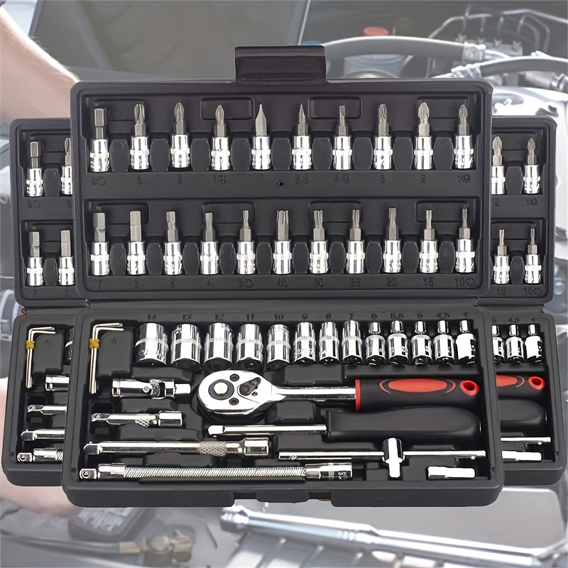 High-end Professional 45+1/44+2pcs Tool Set, Auto/bicycle Repair Machinery Kit, 1/2 Inch *1/4 Inch 3/8 Inch Drive Depth And Standard Wrench Set, Race-grade Auto Parts Repair Ratchet Wrench And Other Auto Repair Accessories To