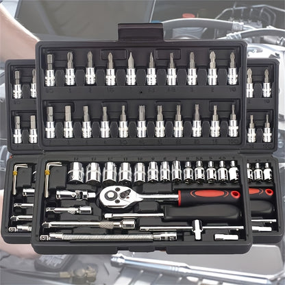 High-end Professional 45+1/44+2pcs Tool Set, Auto/bicycle Repair Machinery Kit, 1/2 Inch *1/4 Inch 3/8 Inch Drive Depth And Standard Wrench Set, Race-grade Auto Parts Repair Ratchet Wrench And Other Auto Repair Accessories To