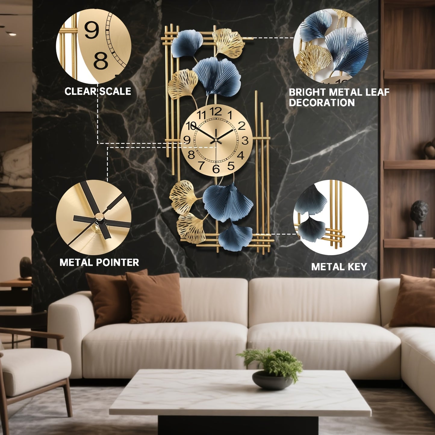 Elegant Ginkgo Leaf Metal Silent Clock 8 Leaves, Retro Modern Design, Battery Powered (Not Included) Suitable for Study Room, Bedroom, Living Room Decoration | Silent Home Clock (Decorative Wall Clock | Iron Structure Wall Cl