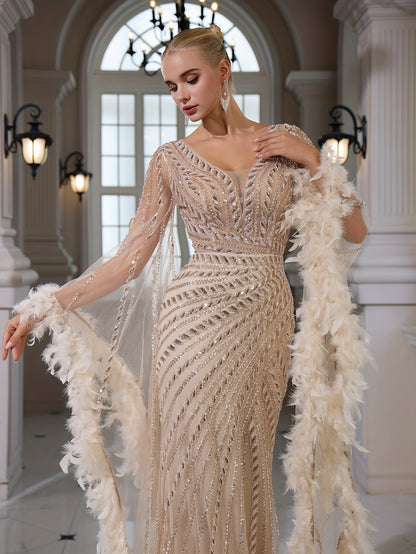 Sequined Lace V-neck Flared Long Sleeve Elegant Sexy Bodycon Mermaid Evening Gown