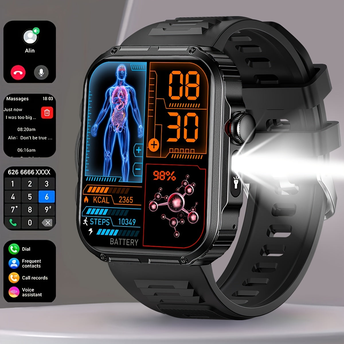 COIUSOR Men'S New 2.01-Inch Smartwatch, with Built-In LED Flashlight, Mobile Phone Synchronization Information, Wireless Calls, High Quality, Over 100 Sports Modes, Compatible with Smart Devices for Iphone And Android Phones