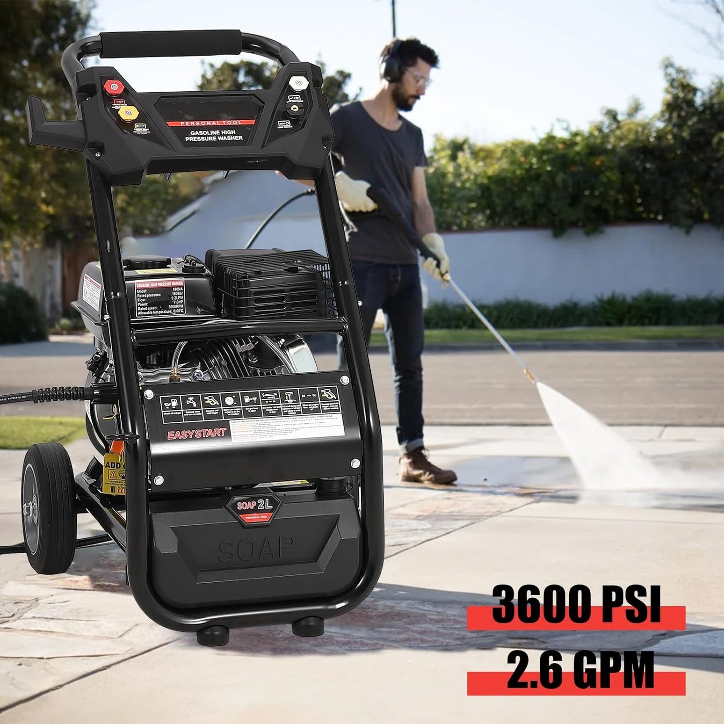 3600 PSI Gas Pressure Washer, 2.4 Max GPM, High Pressure Washer with 4 Quick Connect Nozzles, for Cars Fences Driveways Homes Patios Furniture
