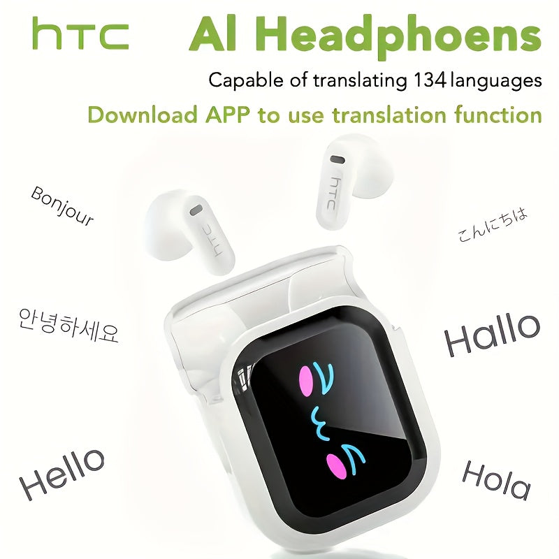 HTC NE20 AI Wireless Translation Earbuds, Supports 134 Languages, HD LED Display & High-Fidelity Sound Quality. Suitable for Office, Exercise, Learning & Voice Calls – Built-in