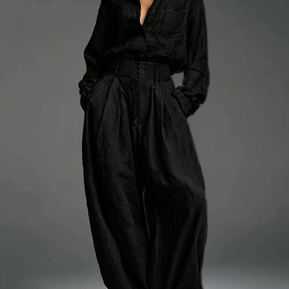 Early Autumn Women'S Fashion Two-Piece Set | Solid Color Shirt and Pants with Casual Style and Fake Buttons Detail