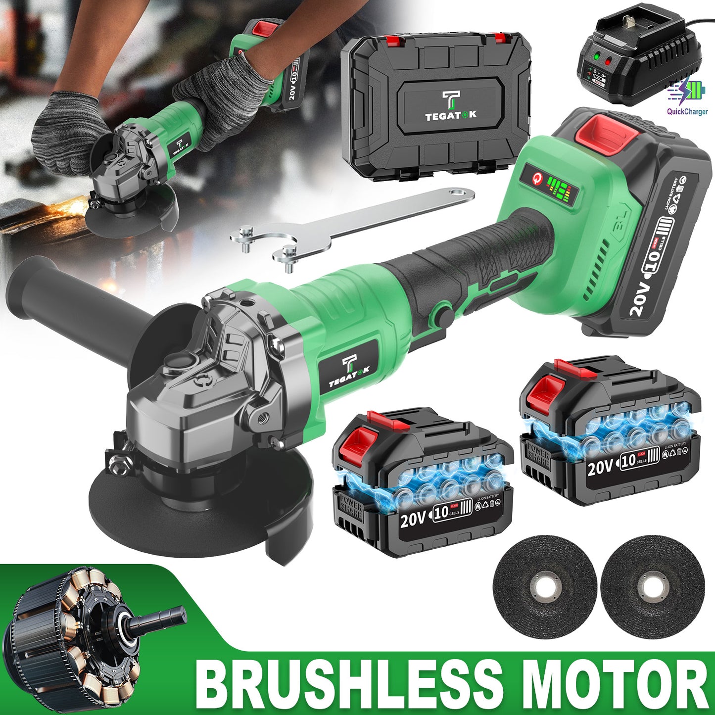 20V Cordless Grinder & Polisher Machine - Heavy-Duty Brushless Motor 9000RPM, Electric Brake, 15pcs Accessory Kit with Grinding/Polishing Pads & Wheel System, 4000mAh Battery- (Battery/AC) for Metalworking, Concrete, Renovati