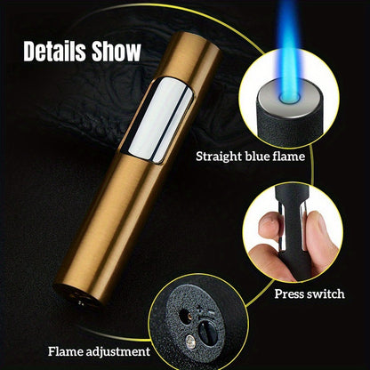 Stylish Push Lighter Designed for Outdoor Use, Featuring a Windproof Design And a Straight Blue Flame. This Mini Portable Spray Torch Is Refillable with Butane Gas And Has an Adjustable Flame. It'S an Ideal Gift for Your Boyf