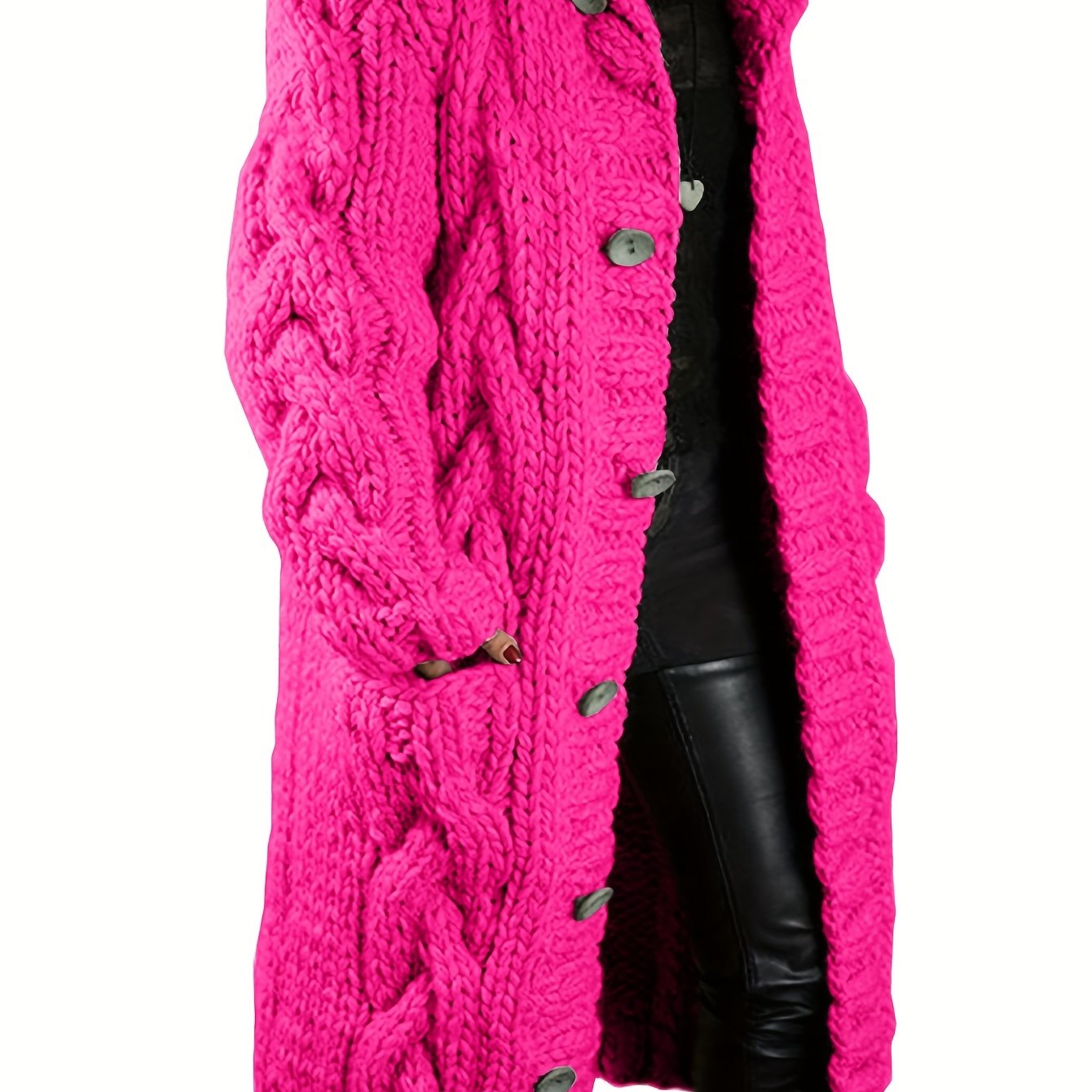 Plus Size - Cardigan for Women in Fall And Winter - Casual Plus Size, Oversized Design with Long Sleeves Featuring a Cable Pattern, Single Row of Buttons, Pockets, And a Long Length. Made from Soft Fabric, It Can Be Hand Wash