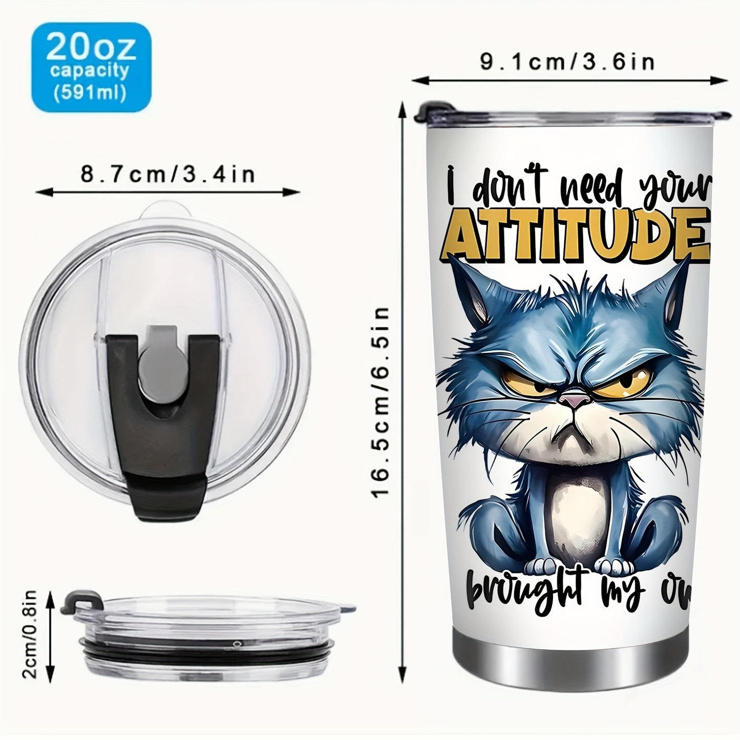 1pc 20oz Stainless Steel Tumbler with Lid - Double-Wall Vacuum Insulated Cup, Leakproof & -Slip Grip, Funny Grumpy Design with "I Don't Need Your ATTITUDE" Slogan, Hot/Cold Beverage for Office, Travel, Camping, School - Gift