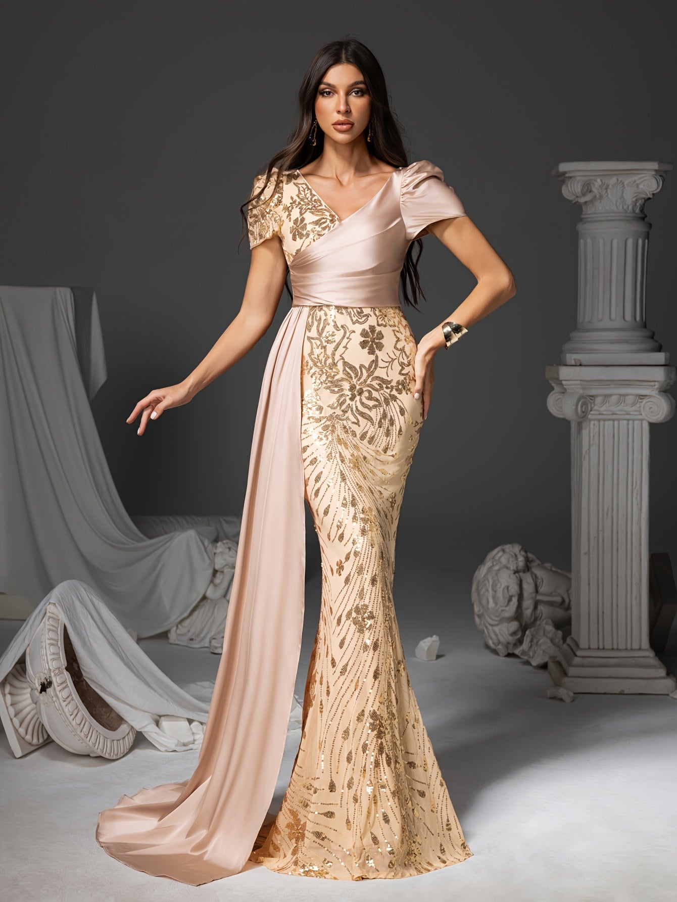 [V-Neck Puff Sleeves] Elegant Champagne Floral Print Mermaid Dress with Sequin Detailing, V-Neck & Puff Sleeves - Long Formal Gown for Weddings, Parties, and Special Occasions, Wedding Guest Dress | Vneck Dress | Sequin Embel
