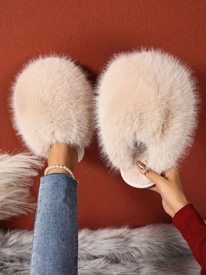 Women'S House Slipper, Indoor Slipper For Women, Slip-on Shoe For Women, Elegant Plush Furry Slippers With Non-slip Rubber Sole, Soft Warm Lining & Cozy Closed-toe Design, Korean Style Slip-on Slippers For Home, Office, Casua