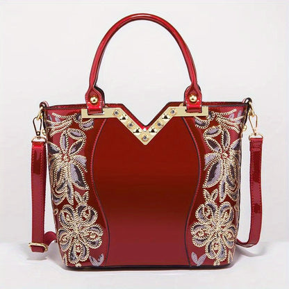Designer Floral Embroidery Patent Leather Handbag for Women, Large Capacity Shoulder Tote with Zipper Closure, Polyester Lined, Paint Detail, Party Bag