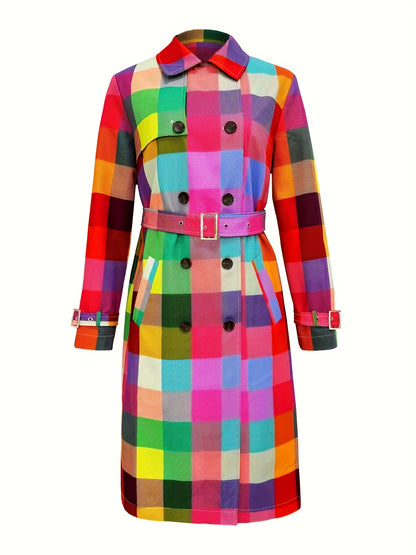 Colorful Plaid Print - Directional Durable Construction - Women's Raincoat with Belt - Elegant Long-Sleeved Jacket with Front Ties - Machine Washable Polyester - Bright Plaid Design - Perfect for Casual Fashionable Outfits