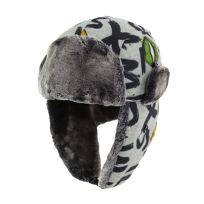 Unisex Winter Warm Beanie with Graffiti Lettering & Fur Ears - Enhanced Cold Protection, Ice-Safe for Cycling, iceskating, icy activities – Grey/Black Yellow Streetwear Style Easy to Maintain Hand wash / Dry Clean Unisex Au