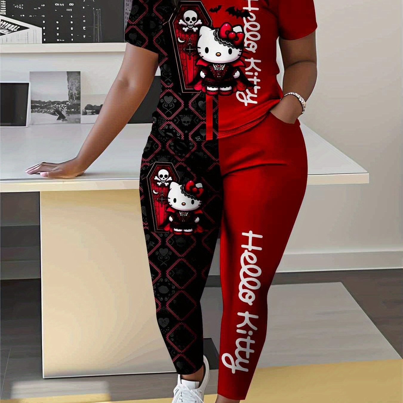 Women's Plus Size Red & Black Halloween Hello Kitty Print Short Sleeve Top and Pants Set, Gothic Design with Skull and Coffin Pattern, Perfect for Christmas Gifts for Friends and Family, Holiday Matching Outfits, Festive Wear