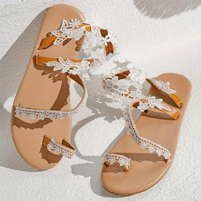 Women's White Lace-like Faux Cover-like Sandals - Moccasin Toe & Ankle Strap with Arch, Lace-Up Closure & Loop - Breathable PU Sole Beach Shoes for Summer, Casual or Semi-Formal Events - Faux Cover Lining & Arch - Elegant Whi