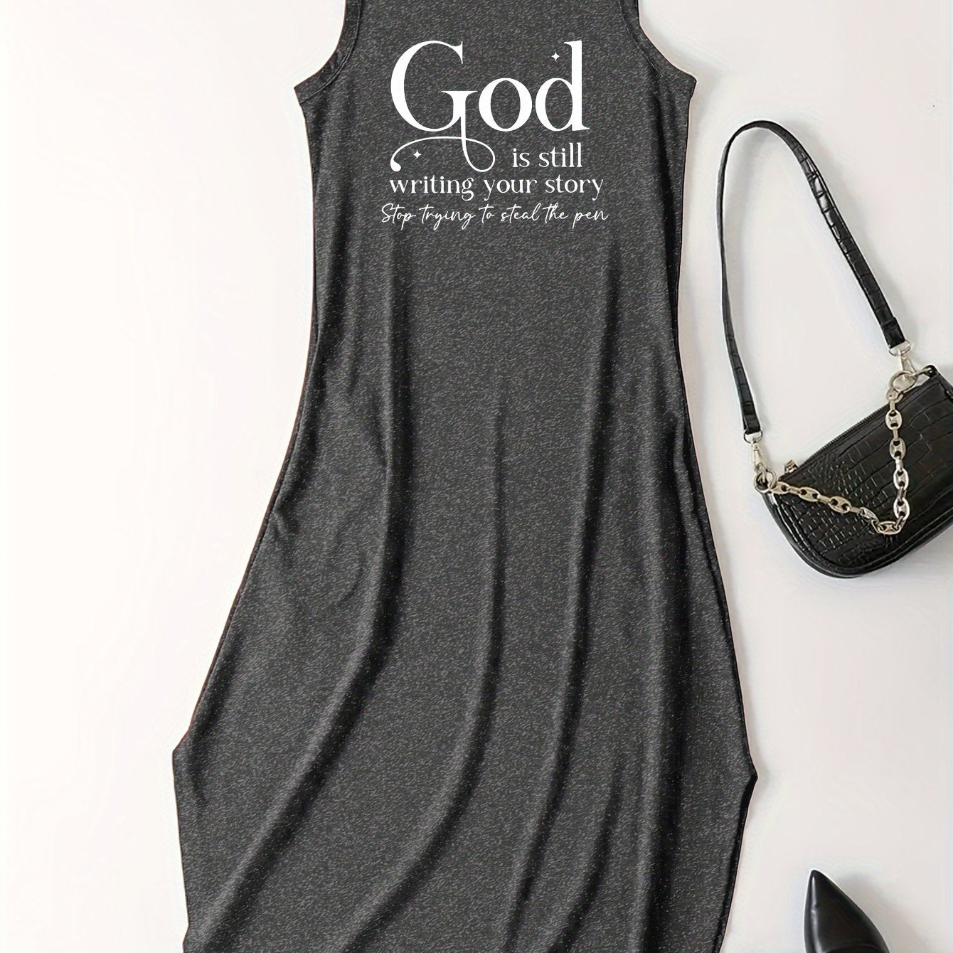 Letter Print Dress, Casual Crew Neck Sleeveless Maxi Dress, Women's Clothing
