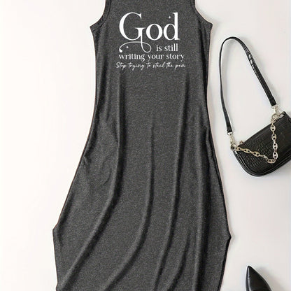 Letter Print Dress, Casual Crew Neck Sleeveless Maxi Dress, Women's Clothing