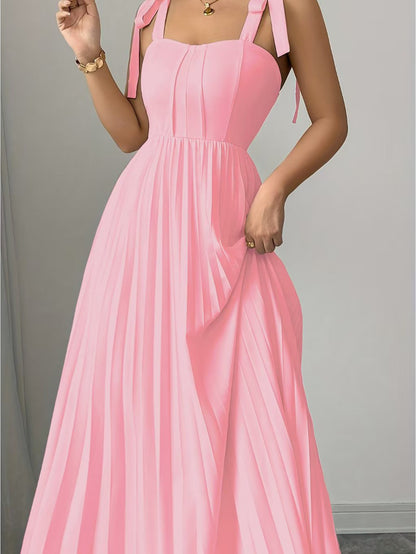 Plus Size - Plus-Size Women'S Elegant Halter Neck A-Line Dress with Bow Accent & Pleated Skirt - Vibrant Pink Floor-Length Formal Party Wedding Guest Dress, Round Neck Long Sleeve Spring/Autumn Evening Gown, Structured Fit fo