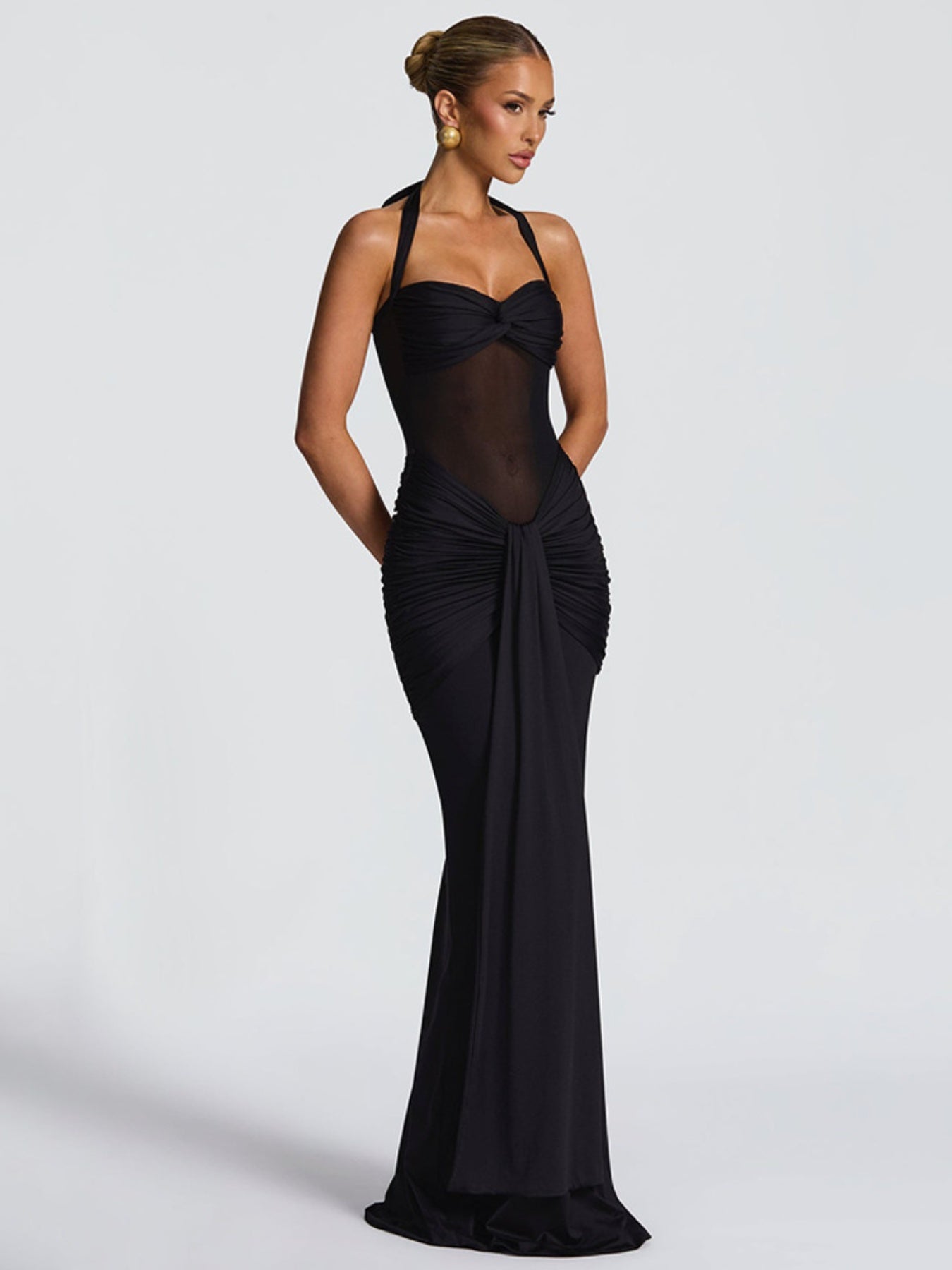 Women's Elegant Ruched Halter Neck Maxi Dress, Slim Fit Summer Party Dress