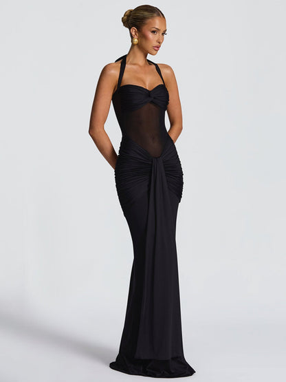 Women's Elegant Ruched Halter Neck Maxi Dress, Slim Fit Summer Party Dress