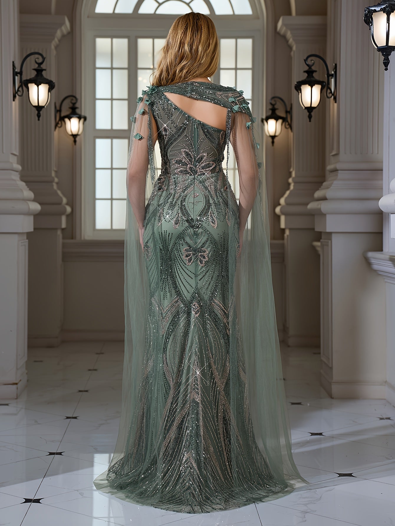 Elegant Sequined Beaded Embroidered Lace - Bodycon Mermaid Dress - with 3D Flower Applique | Crew Neck - Extra-long Train - Suitable for Parties, Weddings, and Banquets