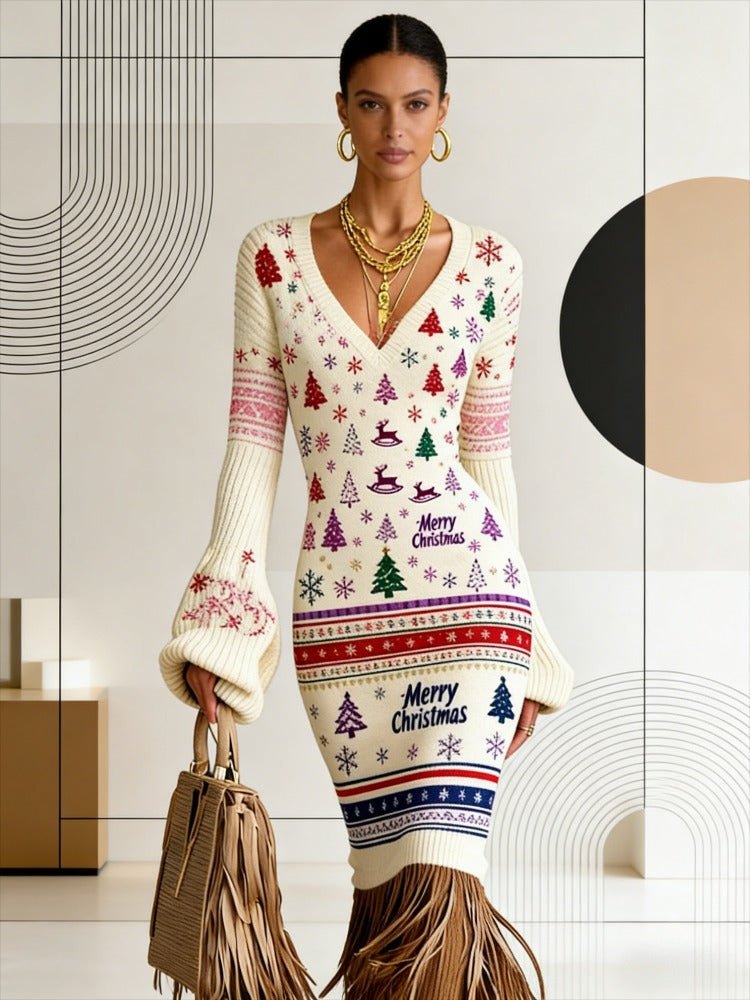 Cross-border New Autumn And Winter Sweater Dress, Floral Flower Printing, Sexy V-neck Long-sleeved Design, Fringed Hem Embellishment, Warm And Thin Temperament Commuter Bottom Dress
