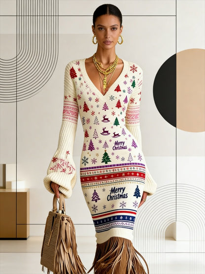 Cross-border New Autumn And Winter Sweater Dress, Floral Flower Printing, Sexy V-neck Long-sleeved Design, Fringed Hem Embellishment, Warm And Thin Temperament Commuter Bottom Dress