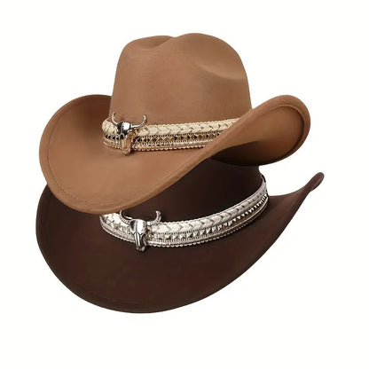 2pcs Western Cowboy Hat Mix & Match - Hand-Braided Large Bull Head Buckle Accessory, Wide-Brim Flat-Top Hats Suitable for Men & Women, Cowboy/Cowgirl, Themed Parties, Rodeo, Western Events - Handwashable, Handwash Care