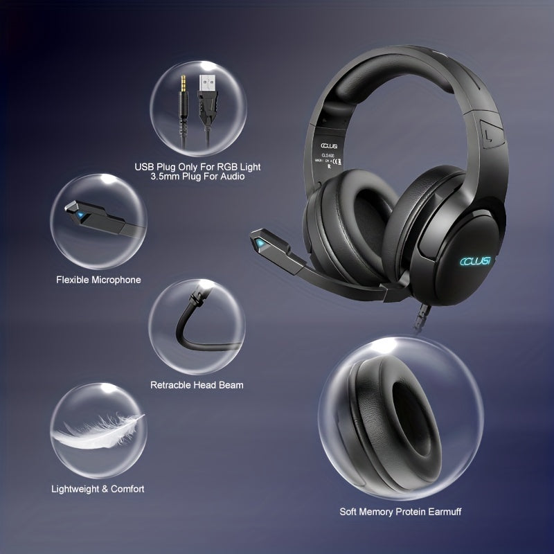 COLUSI C600 Wired Gaming Headset with Hidden-Type Microphone, One Key Mute Over Ear Headphones with 3.5mm Audio Jack RGB Light, Noise Cancelling, Volume Control, Closed-back Design, Compatible With Laptop, Gaming Headset, Lap