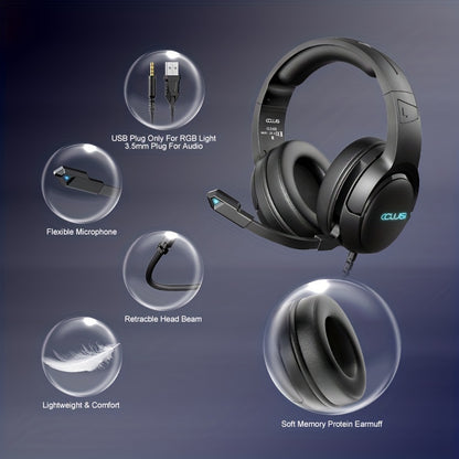 COLUSI C600 Wired Gaming Headset with Hidden-Type Microphone, One Key Mute Over Ear Headphones with 3.5mm Audio Jack RGB Light, Noise Cancelling, Volume Control, Closed-back Design, Compatible With Laptop, Gaming Headset, Lap