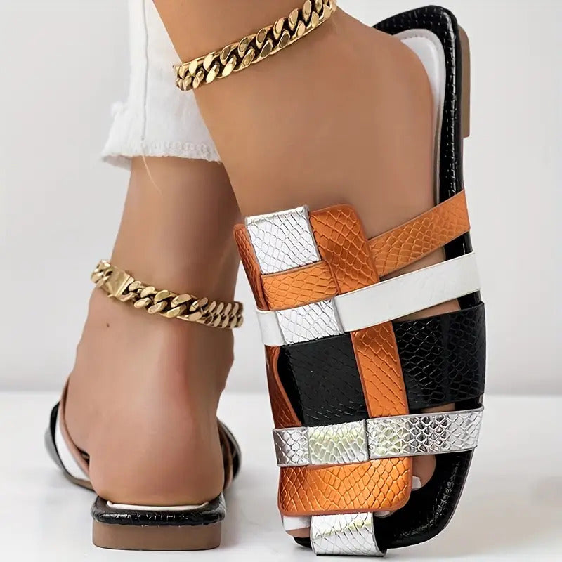Women'S Slip-On Square Toe Sandals - Slip-Resistant Rubber Sole, Cushioned Insole - All-Season Beach, Casual, Party Shoes - Black/Orange/White Colorway - Synthetic Cover Upper - Everyday & Formal Events Footwear, Beach Wear,