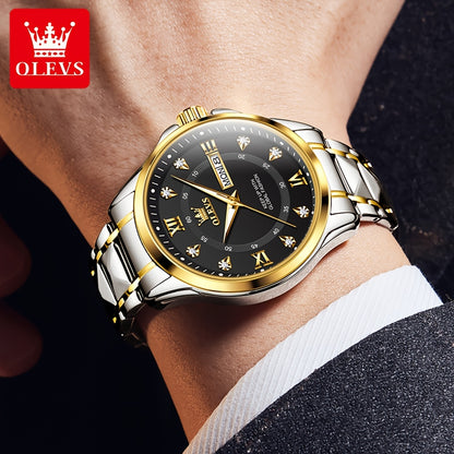 OLEVS Men's Luxury Business Chronograph Watch - Stainless Steel Dual Date & Day Calendar, Luminous Hands, Quartz Movement, Black Dial with Golden Accents for Formal & Casual Wear, Professional Timepiece, Sophisticated Style,