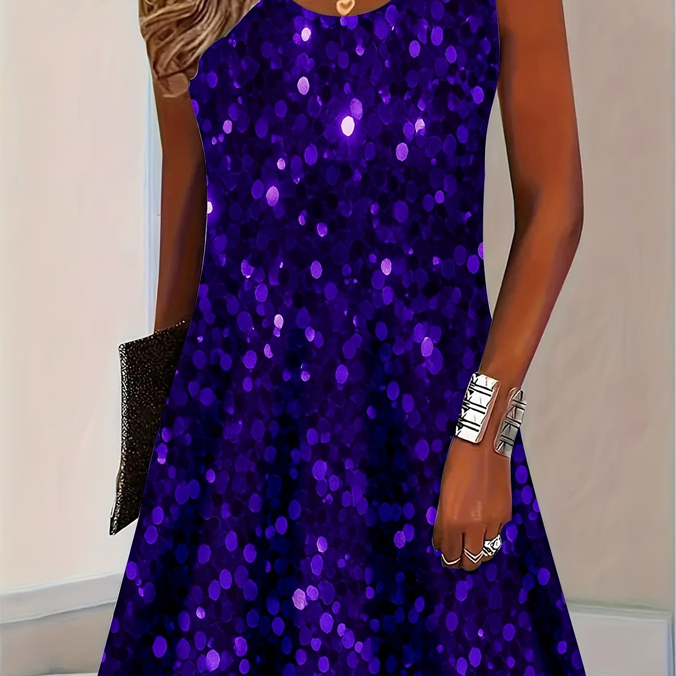 Purple Sequin Sleeveless Dress with Polka Dot Pattern for Party And Evening Events