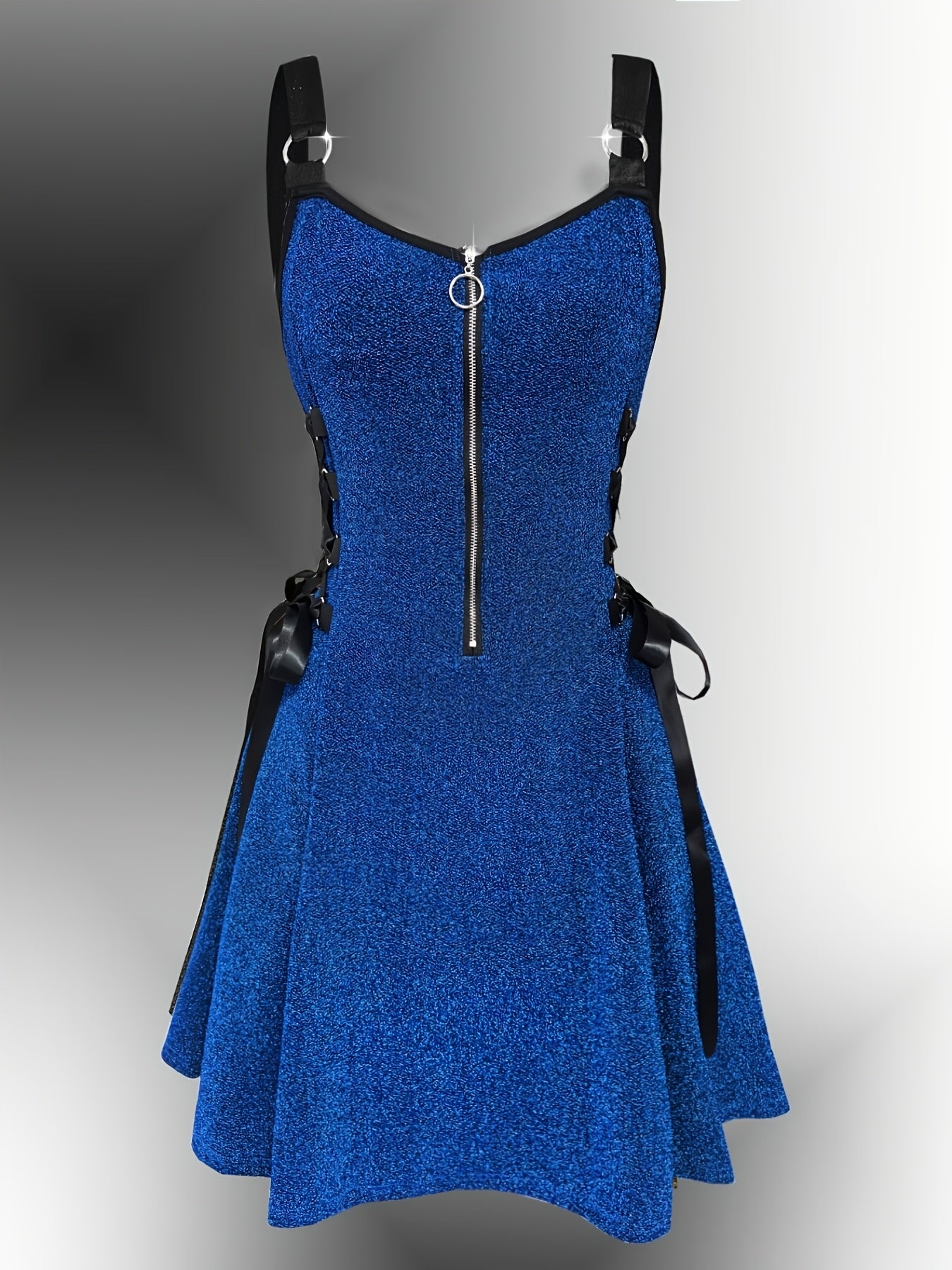 Y2K Metallic Fabric | Fashionable Women'S Peplum Dress with V-neck and Zipper Closure | Flared Hem, Waist-Cinching Details | All-Season Wear