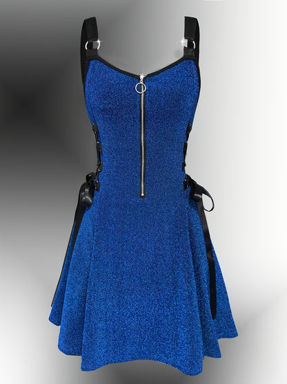 Y2K Metallic Fabric | Fashionable Women'S Peplum Dress with V-neck and Zipper Closure | Flared Hem, Waist-Cinching Details | All-Season Wear