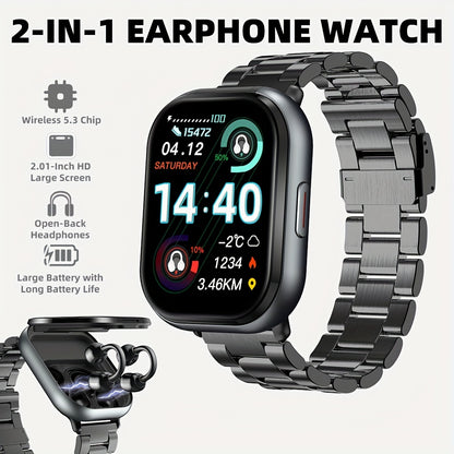 New 2-in-1 Multifunctional Smart Watch with Steel Strap, Black/Silvery 2 Colors Available, Supports Call Answering, Sports Smart Watch, 2.01-inch HD Screen, Comes with TWS Wireless Earbuds, Suitable for Men and Women Fitness