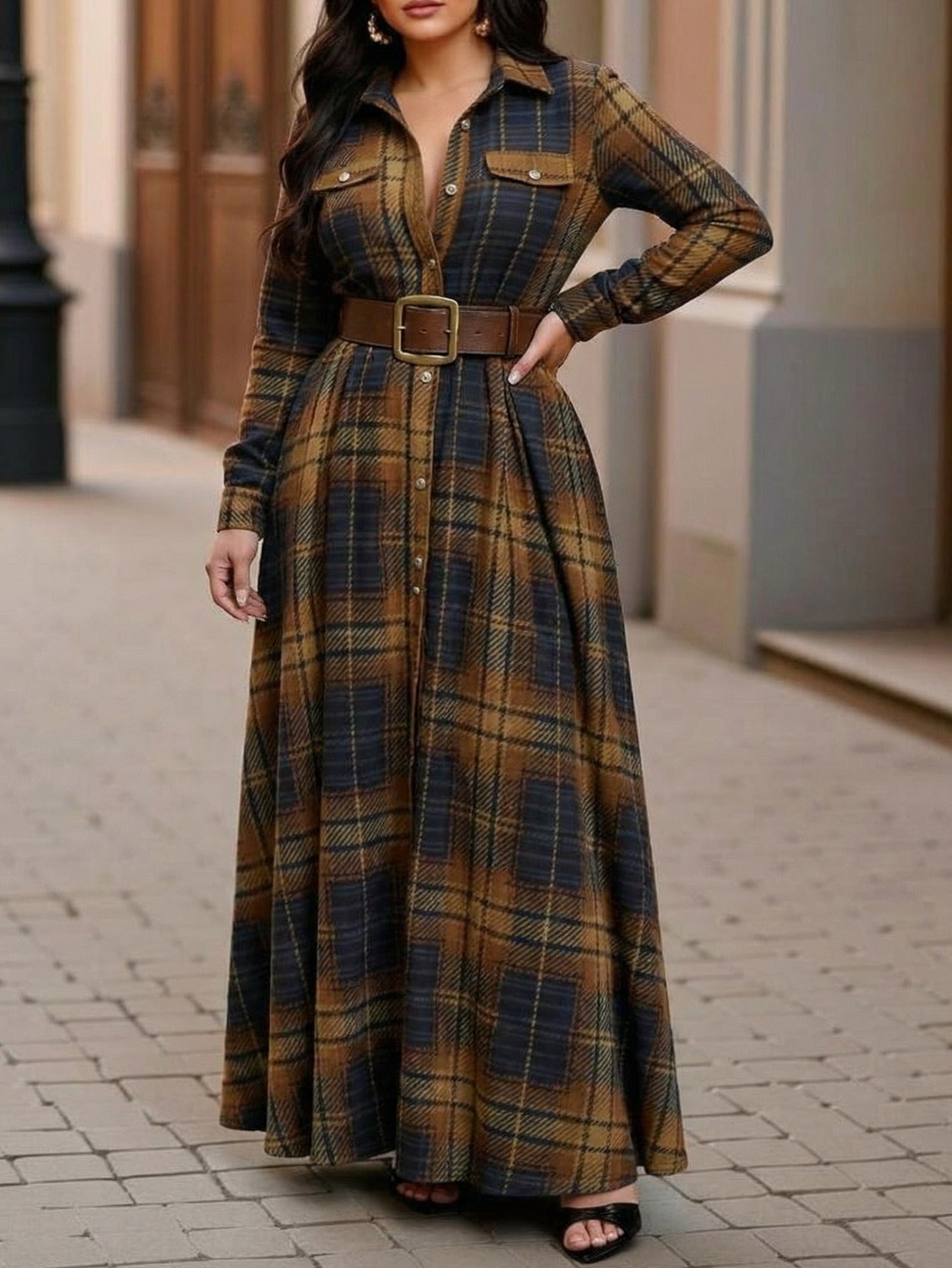 Plus Size - Plus-Size Women'S Plaid Shirt Maxi Dress | Loose Shirt Fit, Flowy Skirt for Flattering Coverage, Elegant and Comfortable for Casual Daily Wear