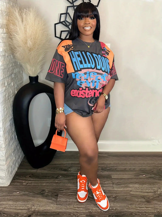 Plus Size Multicolor Letter Fashion Short Sleeve T-Shirt | Crew Neck, All Over Print, Slight Stretch Fabric, Casual Style for Spring/Summer