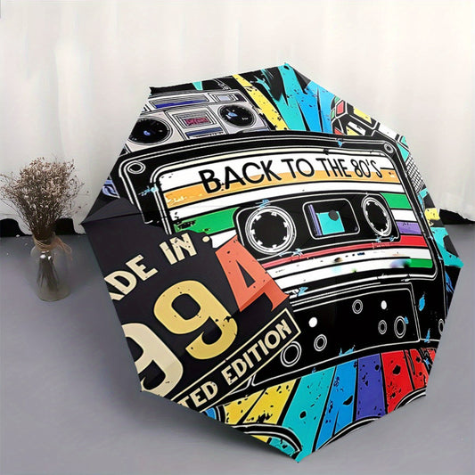 Automatic Open/Close Umbrella with Vintage Cassette Tape Design - Retro 80s Music Fan Gift, Compact Folding Umbrella with One-Touch Button, Portable All-Season Outdoor Umbrella for Men & Women (Birthday/Christmas Present) - D