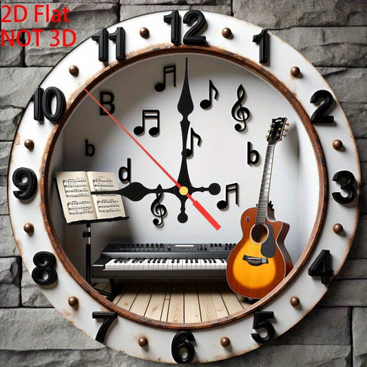 10-inch Vintage Music-Themed Silent Quartz Wall Clock with Large Black Hands & White Face - Wooden Round Clock for Home, Coffee Shop, Music Room Decor - Easy-to-Read Large Numerals, Beige Background with Musical Notes & Trebl