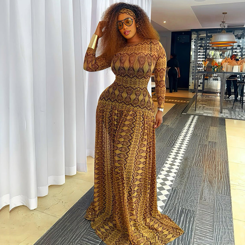 Women'S Elegant Long Sleeve Maxi Dress with Ruched Waist & Geometric Print - Loose Fit Bodycon Silhouette, Round Neck Long Dress in Brown - Comfortable Formal & Semi-Formal Outfits for Fall/Winter, Casual to Formal Events - V