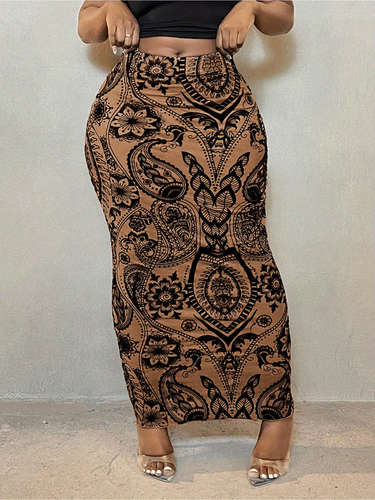 Women's Casual Long-Flowing Maxi Skirt with Intricate Floral And Geometric Print - Lightweight Mesh Fabric, Perfect for Spring/Summer/Fall, Casual Attire|Floral Print, Skirts for Women, Maxi Skirts for Women, Elegant Women's
