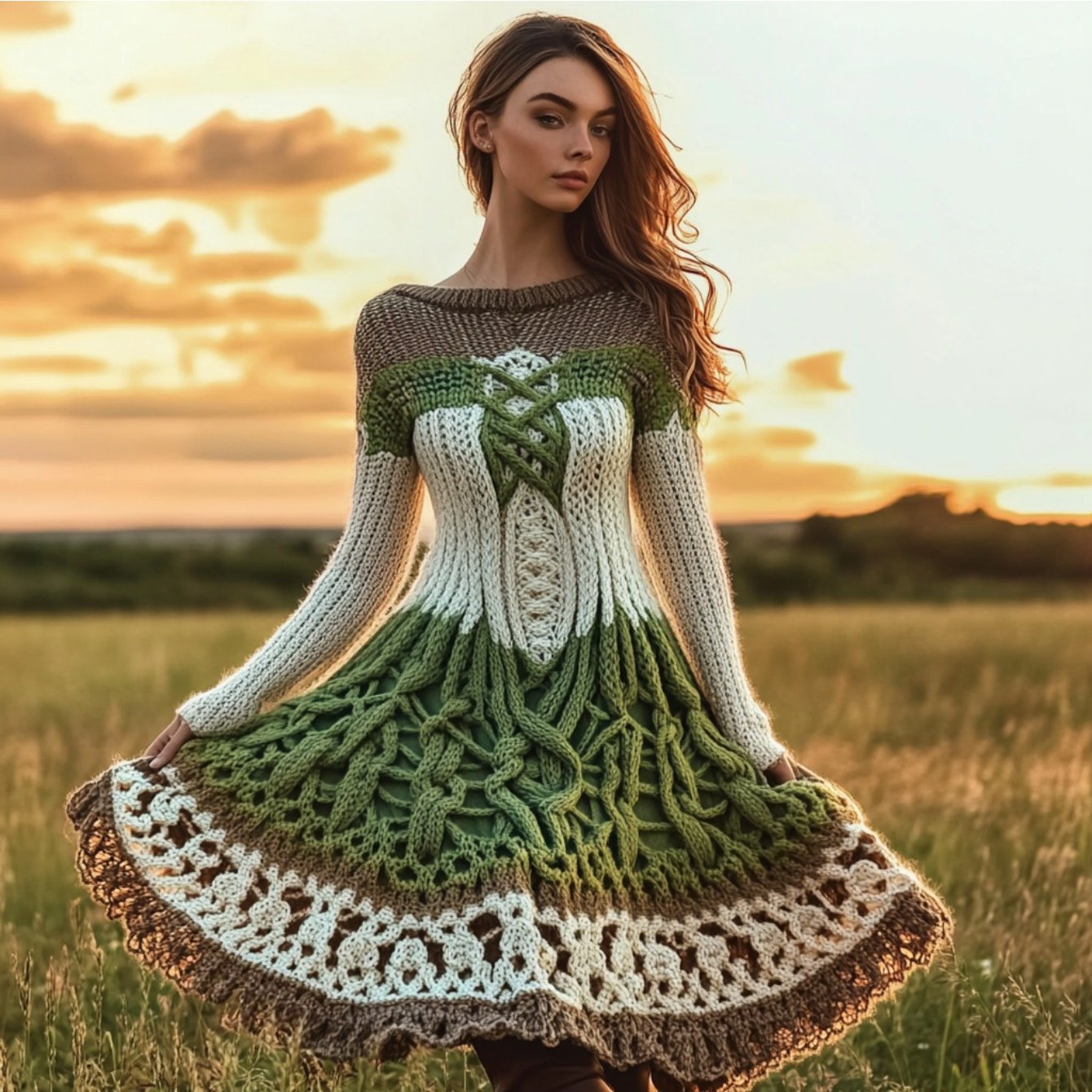 Plus Size - Autumn and Winter New Dress | Casual Versatile Temperament Fashion Slim Retro Fried Dough Twists Long Sleeve Women'S Wear, Midi Length, Slight Stretch Fabric, Lapel Collar, Weekend Casual Style.